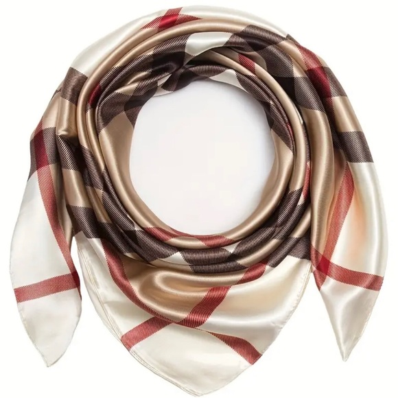 Status Print Plaid Silky Scarf Brown Red Tan New - Picture 2 of 4